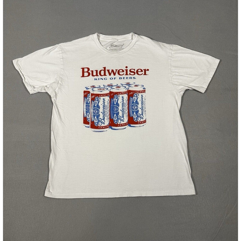 Budweiser Shirt Mens Large White Six Pack Beer Cans King Of Beers Cotton Graphic
